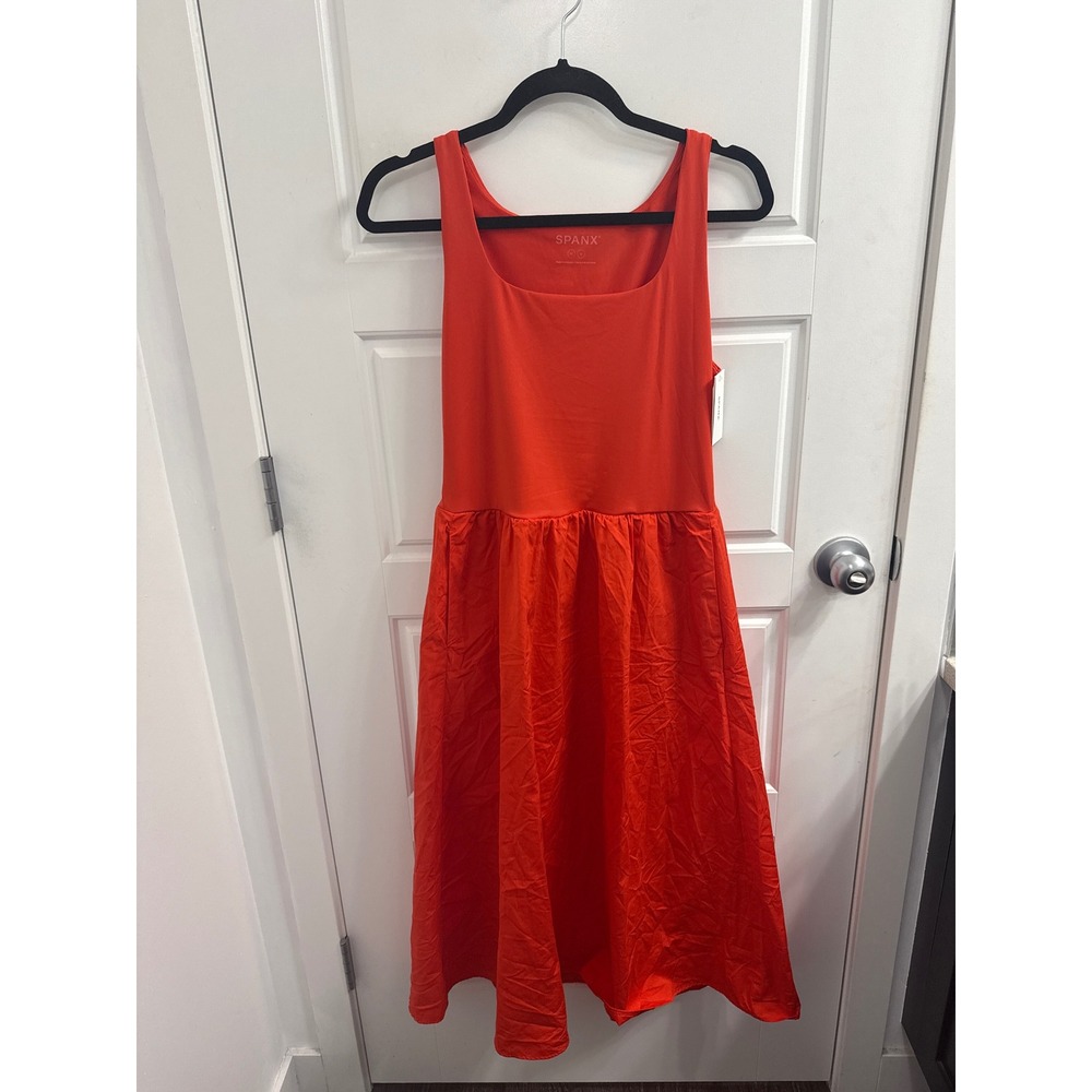 Spanx Get Moving Square Neck Midi Dress Sunset Red Size Medium NWT